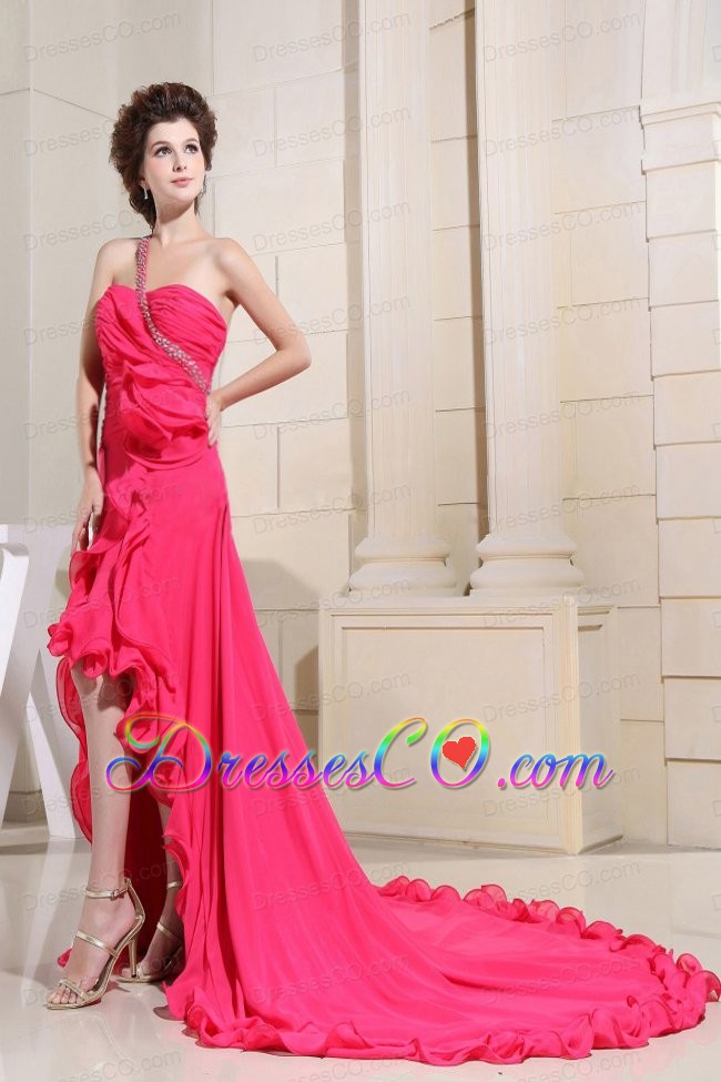 Coral Red Prom Dress With High-low One Shoulder and Hand Made Flowers