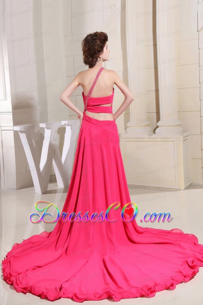 Coral Red Prom Dress With High-low One Shoulder and Hand Made Flowers