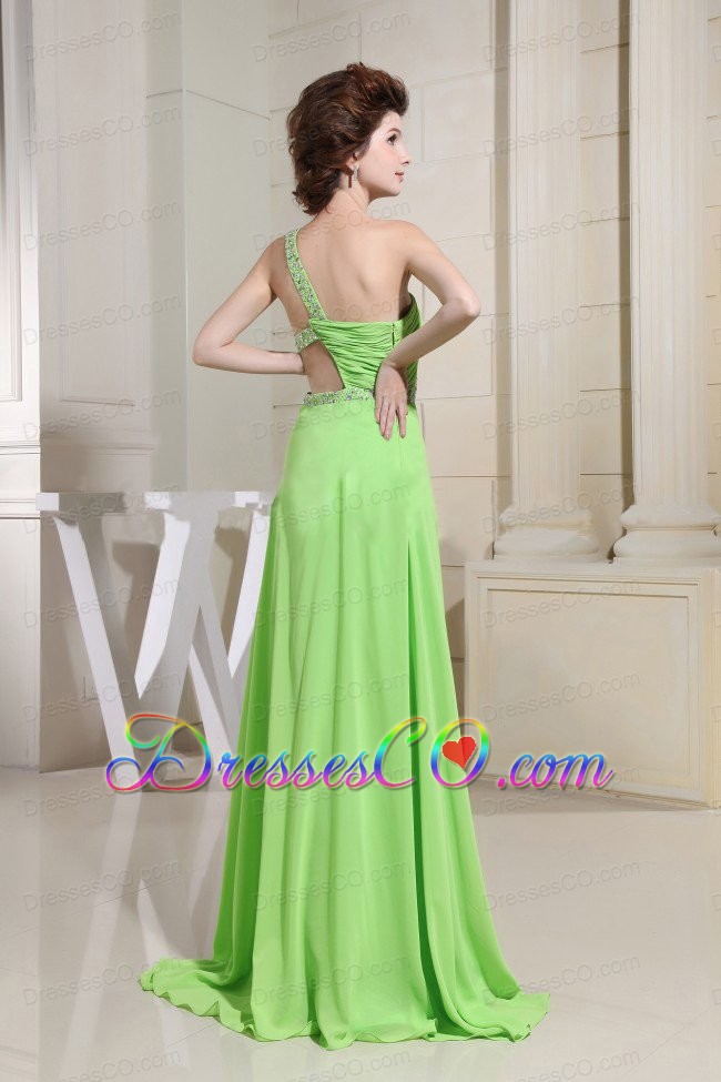 Spring Green Prom Dress With High Slit One Shoulder and Beading