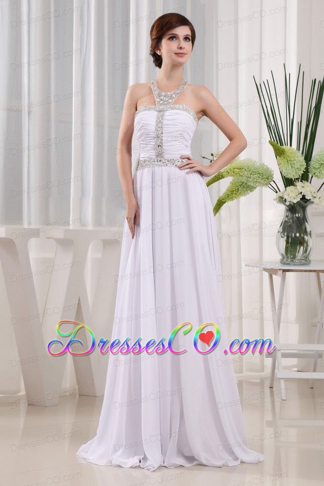 Prom Dress Beading and Ruched Empire White With Halter