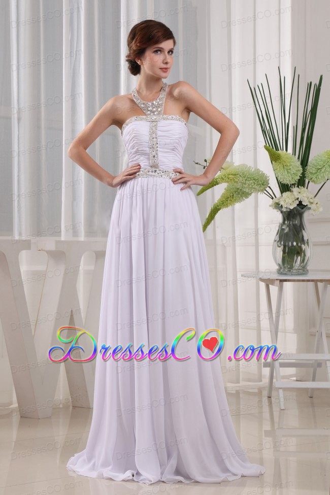 Prom Dress Beading and Ruched Empire White With Halter