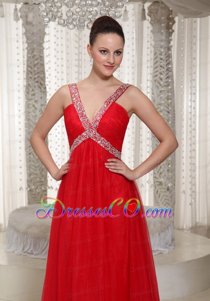 Long Prom Dress With V-neck Red Chiffon 2013