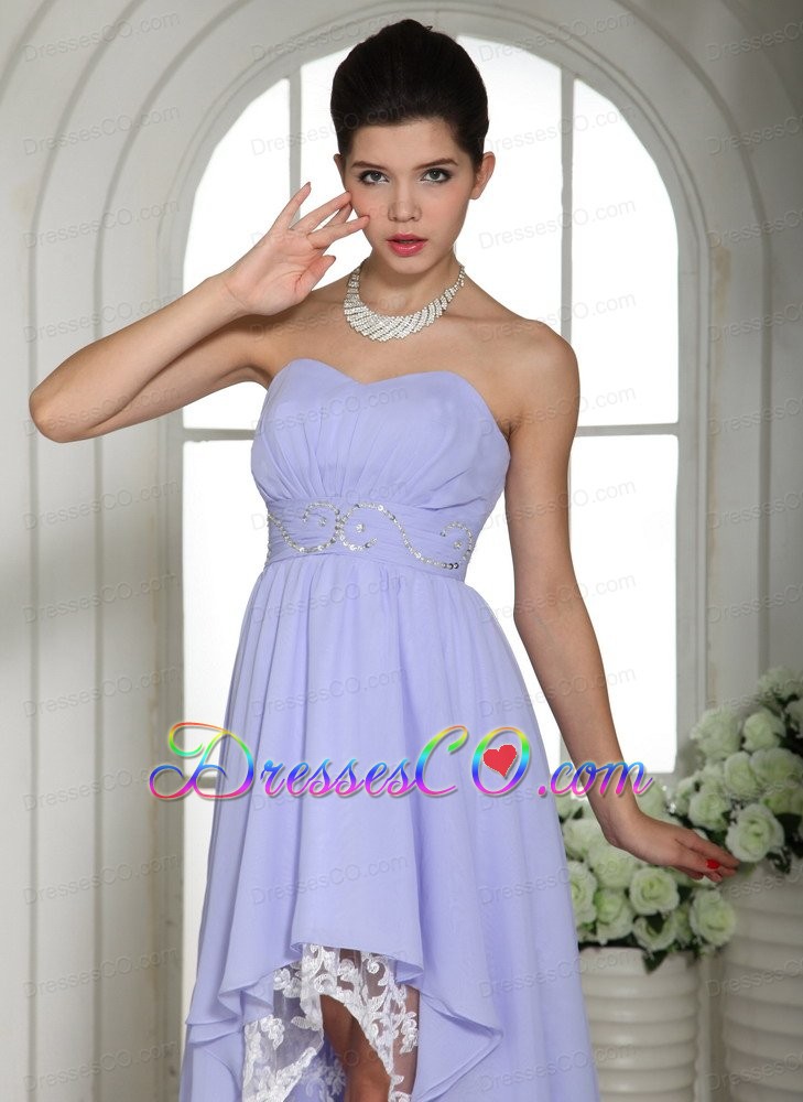 Lilac Chiffon Beaded Decorate Waist High-low Prom Dress For Custom Made