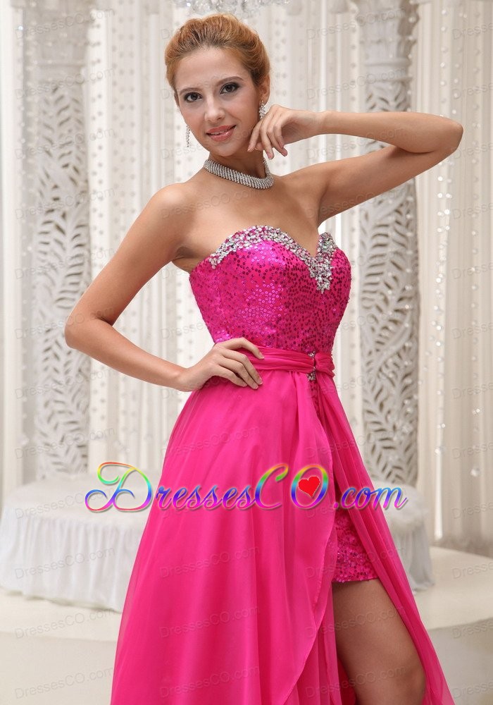 Hot Pink Beaded Decorate Neckline Detachable Chiffon and Sequin Prom / Evening Dress For Formal Evening