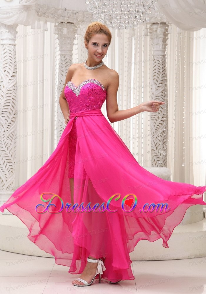 Hot Pink Beaded Decorate Neckline Detachable Chiffon and Sequin Prom / Evening Dress For Formal Evening