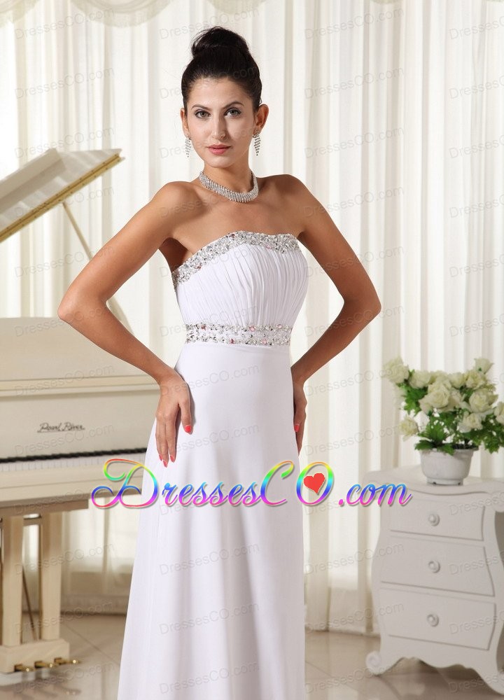 White Prom Dress Strapless Beaded Decorata Bust Brush Train Skirt