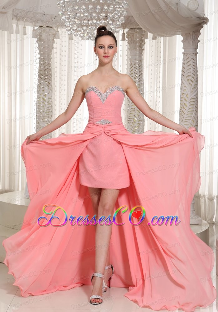 Custom Made High-low Prom Dress With Watermelon Chiffon Beaded Decorate