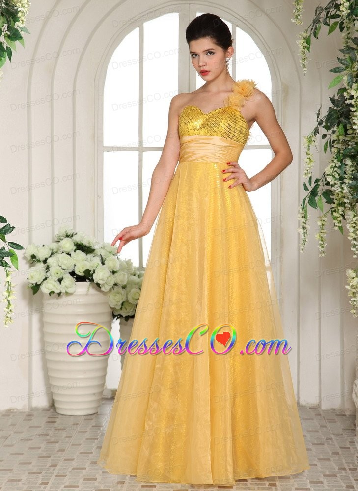Custom Made Yellow One Shoulder Beading and Ruching Prom Dress With Strapless
