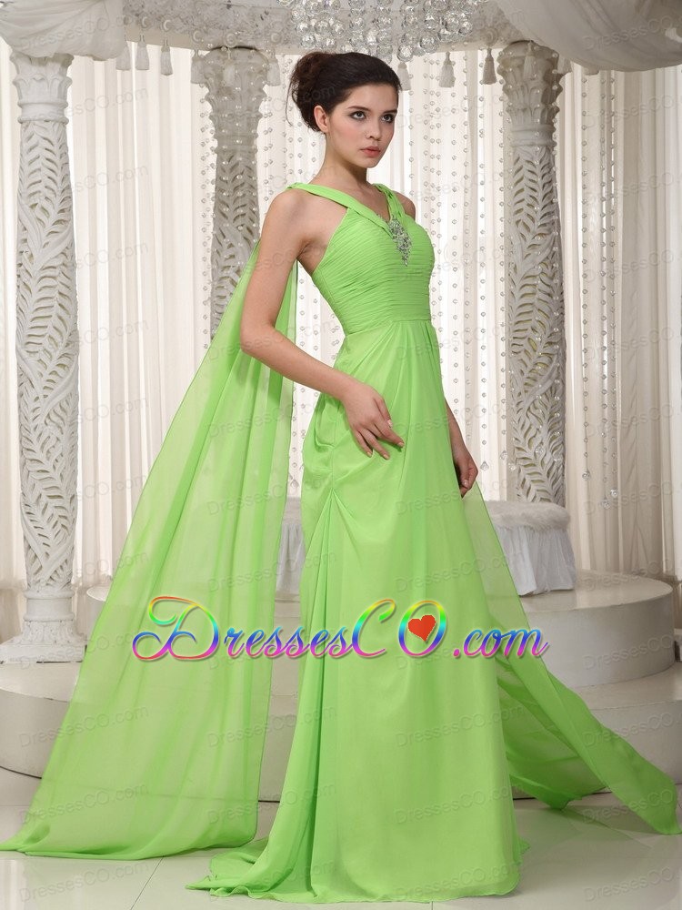Spring Green A-Line / Princess V-neck Watteau Chiffon Beading Prom Dress