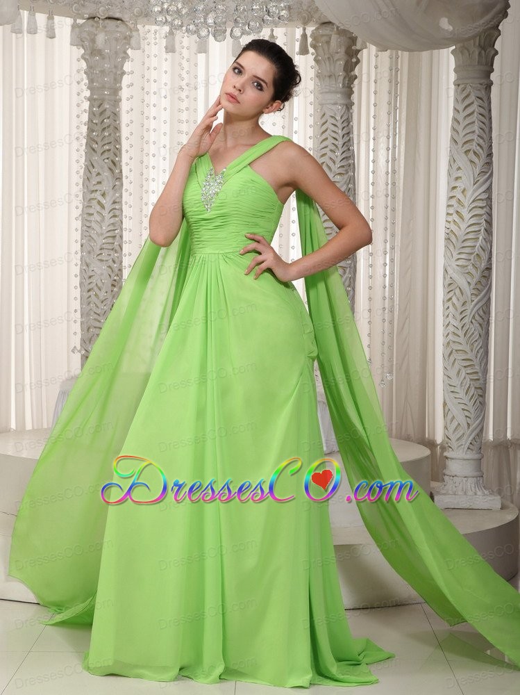 Spring Green A-Line / Princess V-neck Watteau Chiffon Beading Prom Dress