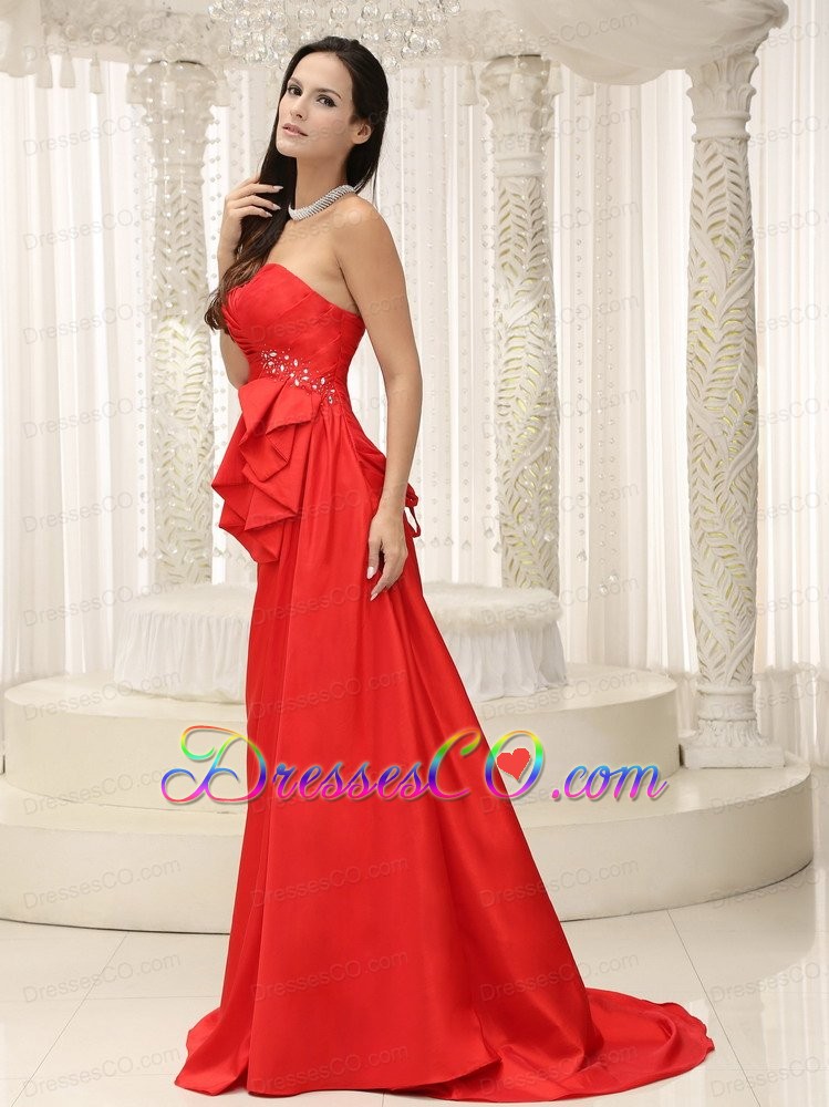 Red Prom Dress Ruched Bodice Brush Train Lace-up