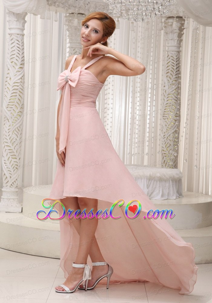 Light Pink Beautiful High-low Prom / Homecoming Dress For Ruched Bodice Bowknot With Beading Chiffon