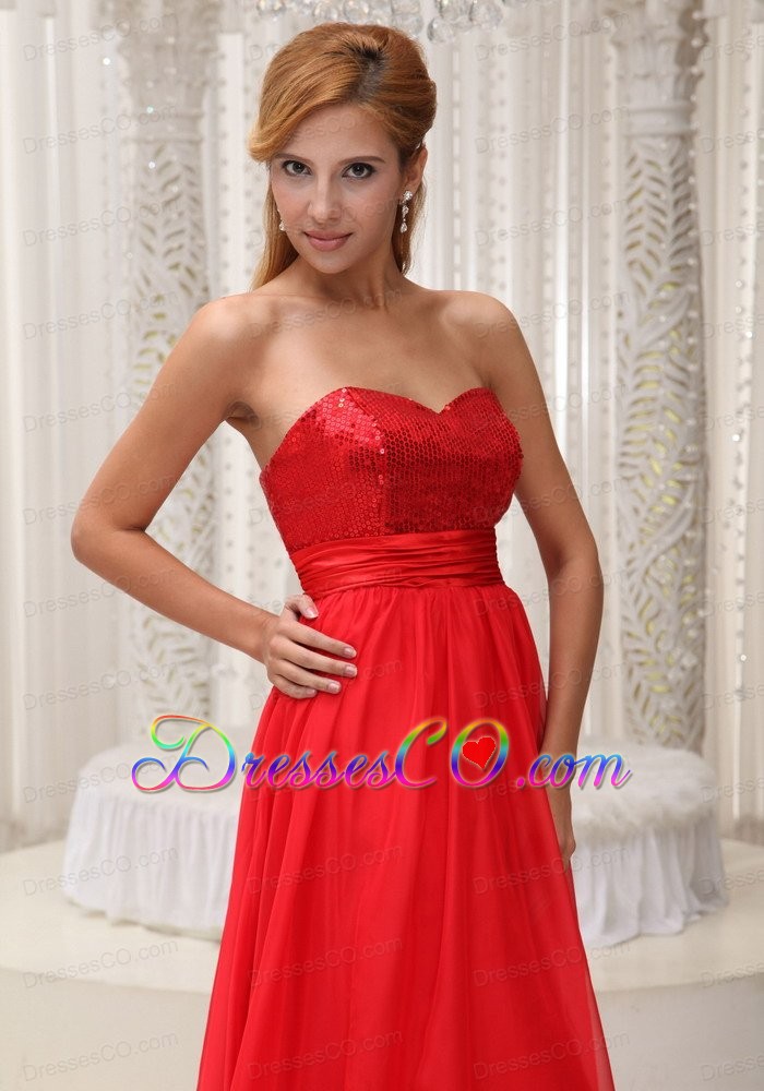 Sequined Up Bodice Neckline Red Chiffon And Long Prom / Evening Dress For 2013