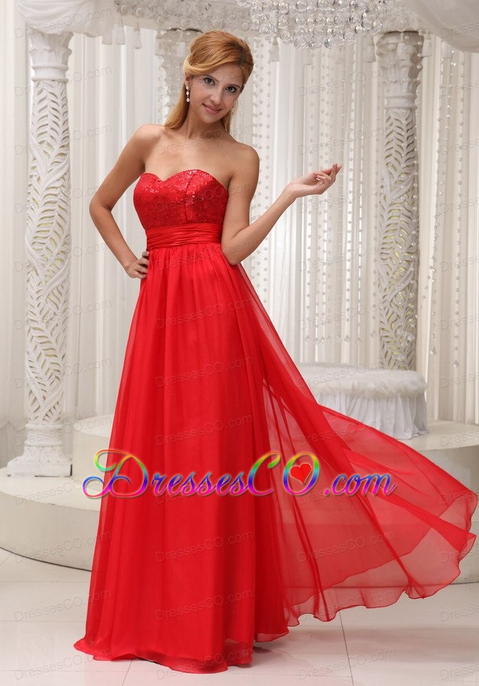 Sequined Up Bodice Neckline Red Chiffon And Long Prom / Evening Dress For 2013