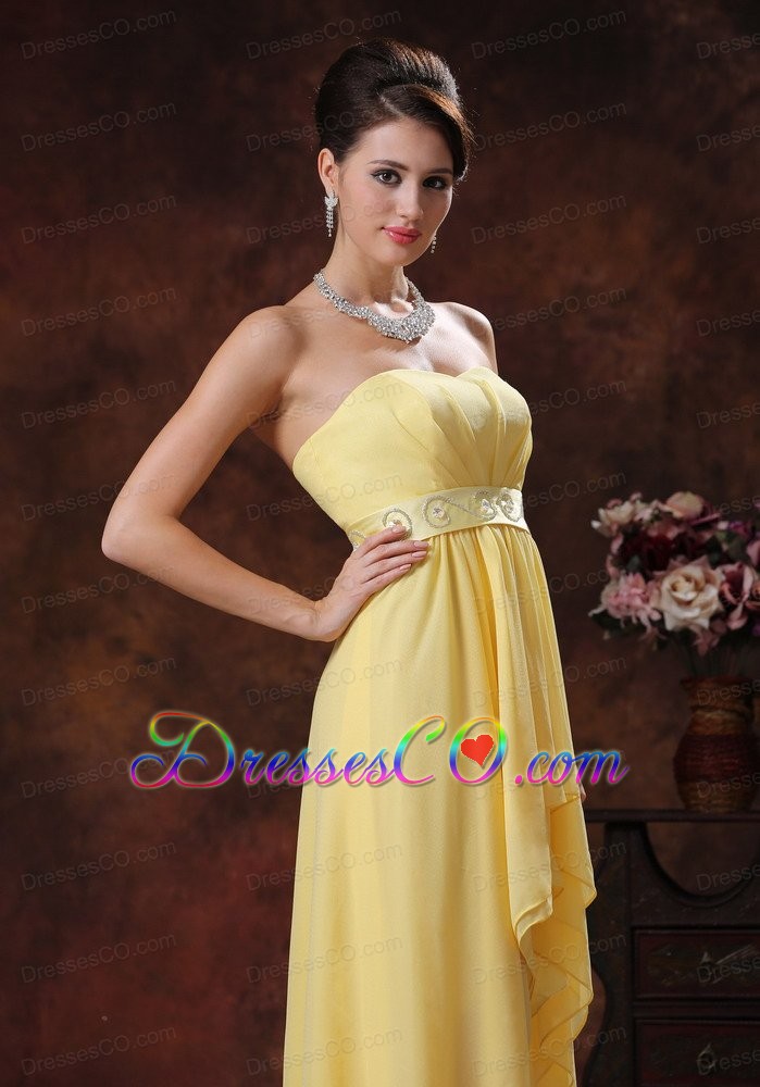 New Style Yellow High-low Prom Dress With Belt Decorate