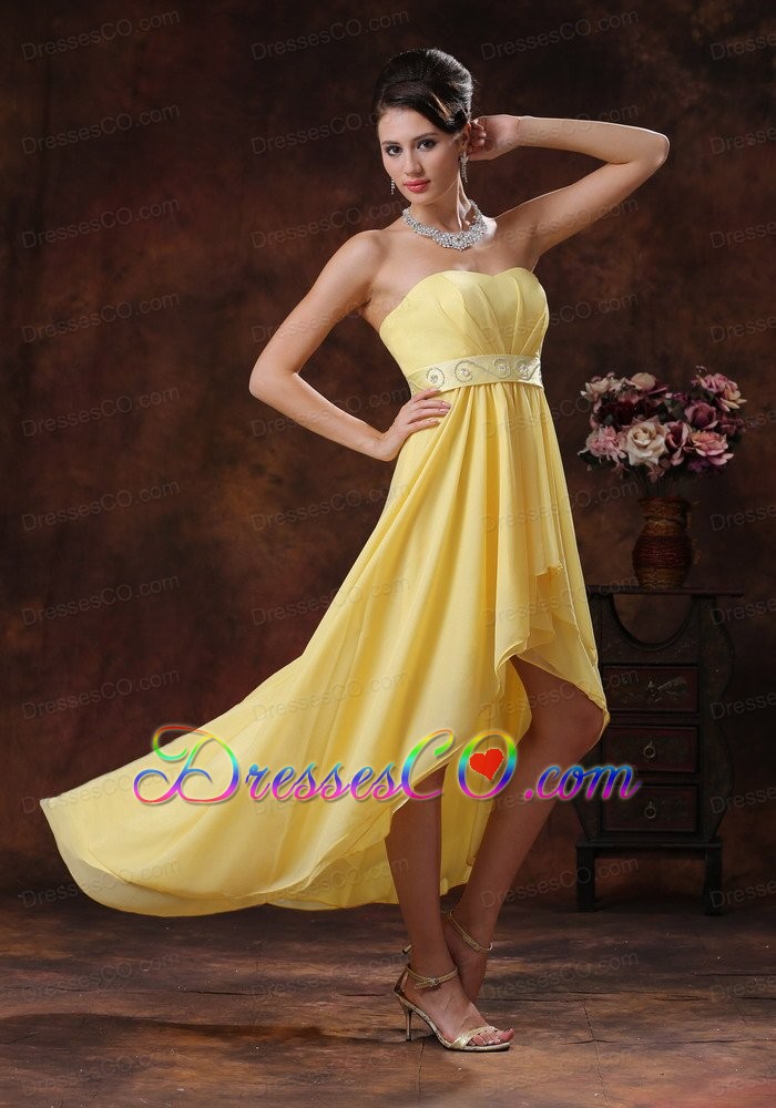 New Style Yellow High-low Prom Dress With Belt Decorate