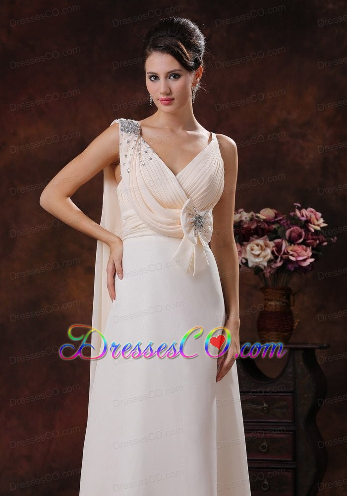 Champagne V-neck Watteau Train Chiffon Prom Dress With Beaded and Bow Decorate