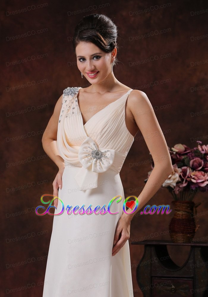 Champagne V-neck Watteau Train Chiffon Prom Dress With Beaded and Bow Decorate