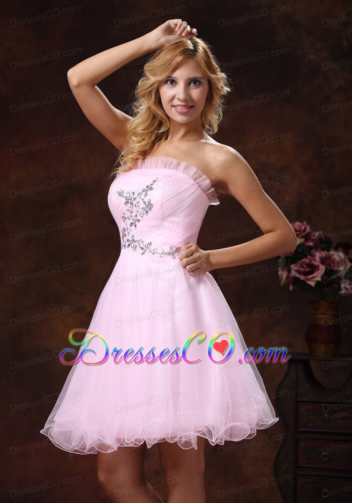 Strapless Baby Pink And Custom Mini-length Made For Prom Dress With Beading Organza