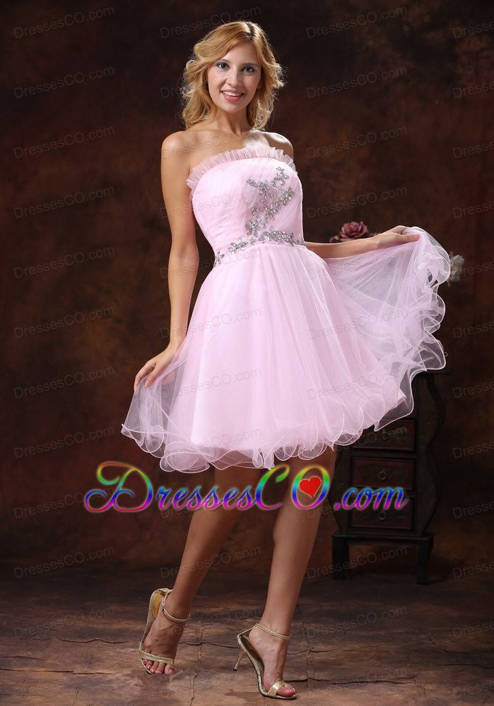 Strapless Baby Pink And Custom Mini-length Made For Prom Dress With Beading Organza