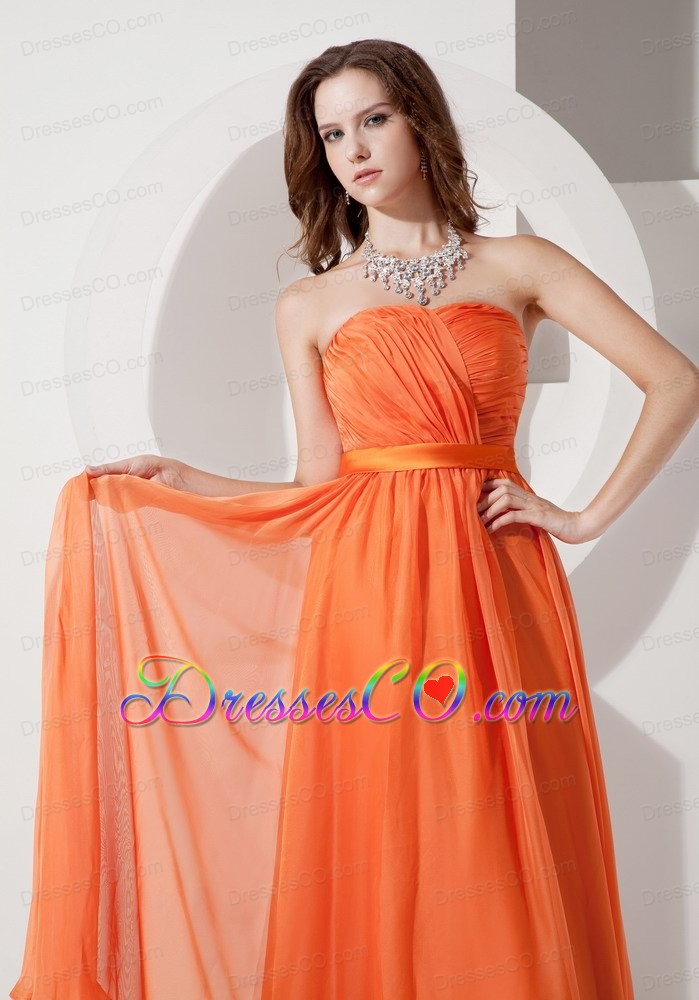 Orange Red Empire Evening Dress Strapless Chiffon Ruched Long
