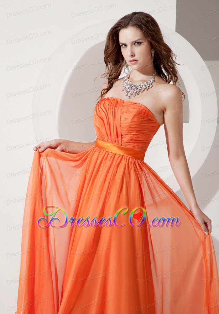 Orange Red Empire Evening Dress Strapless Chiffon Ruched Long