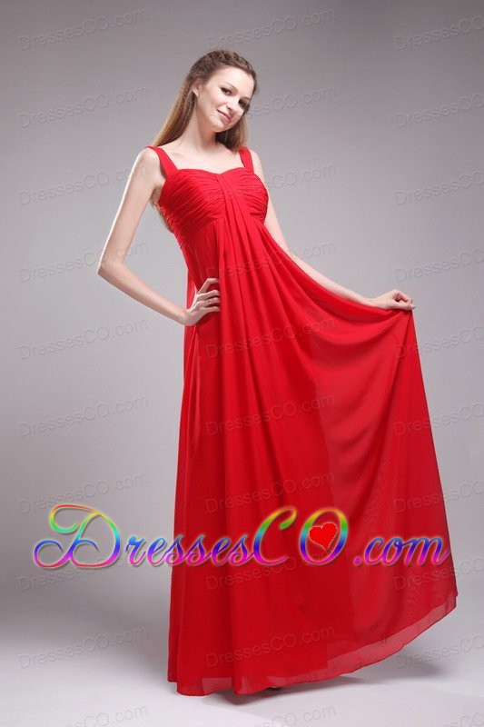 Red Empire Straps Long Chiffon Ruched Prom Dress