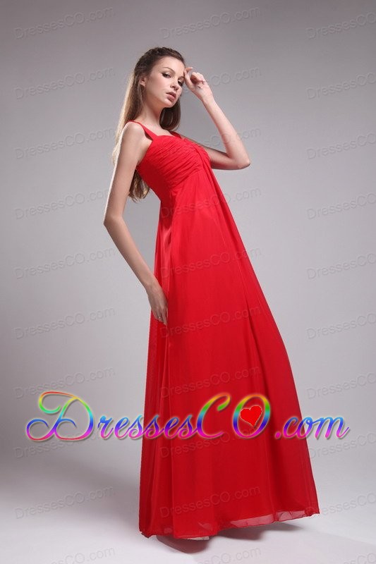 Red Empire Straps Long Chiffon Ruched Prom Dress