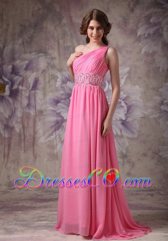Wonderful Rose Pink Empire One Shoulder Prom Dress Chiffon Ruching And Beading Brush Train