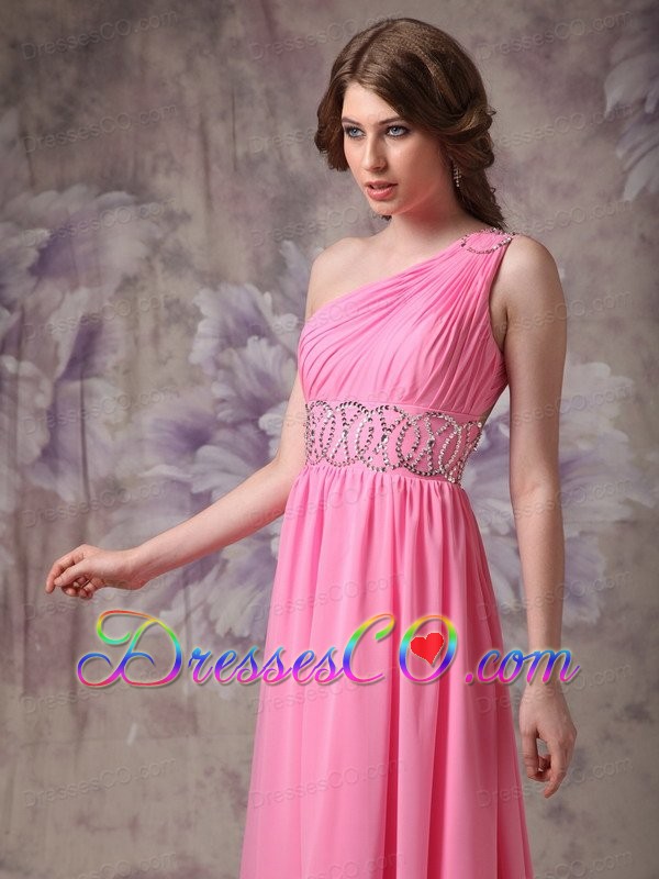 Wonderful Rose Pink Empire One Shoulder Prom Dress Chiffon Ruching And Beading Brush Train