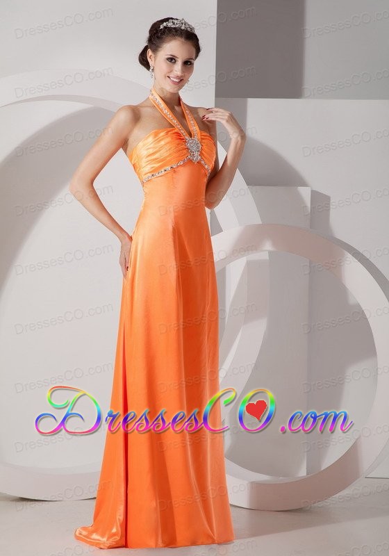 Popular Orange Red Column Halter Evening Dress Satin Beading And Ruched Long