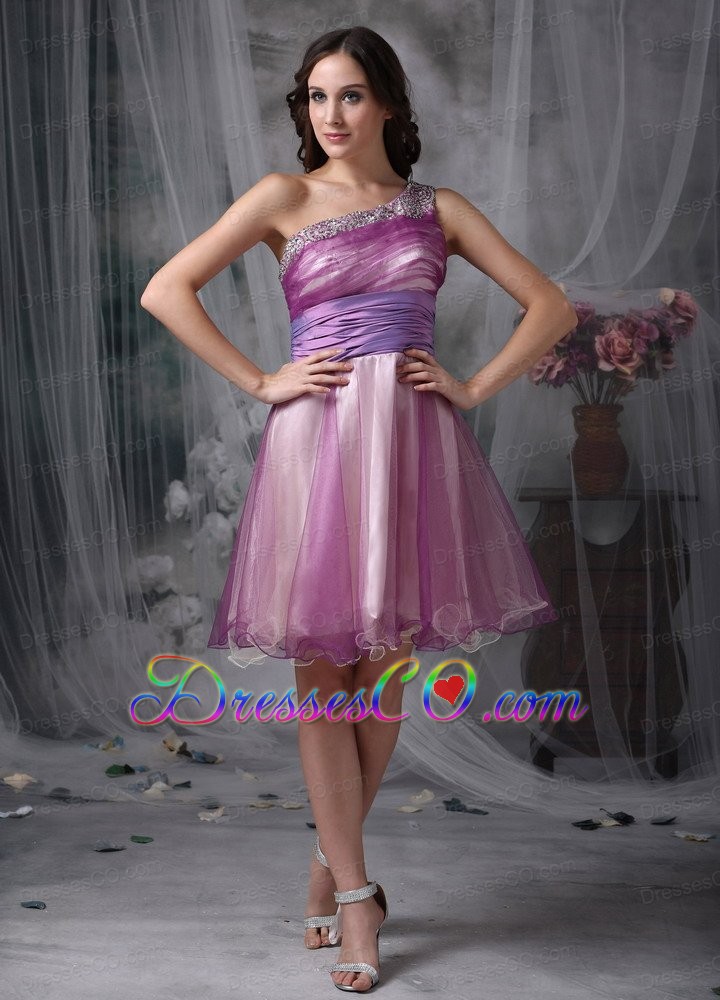 Custom Made Lavender A-line One Shoulder Homecoming Dress Beading Mini-length