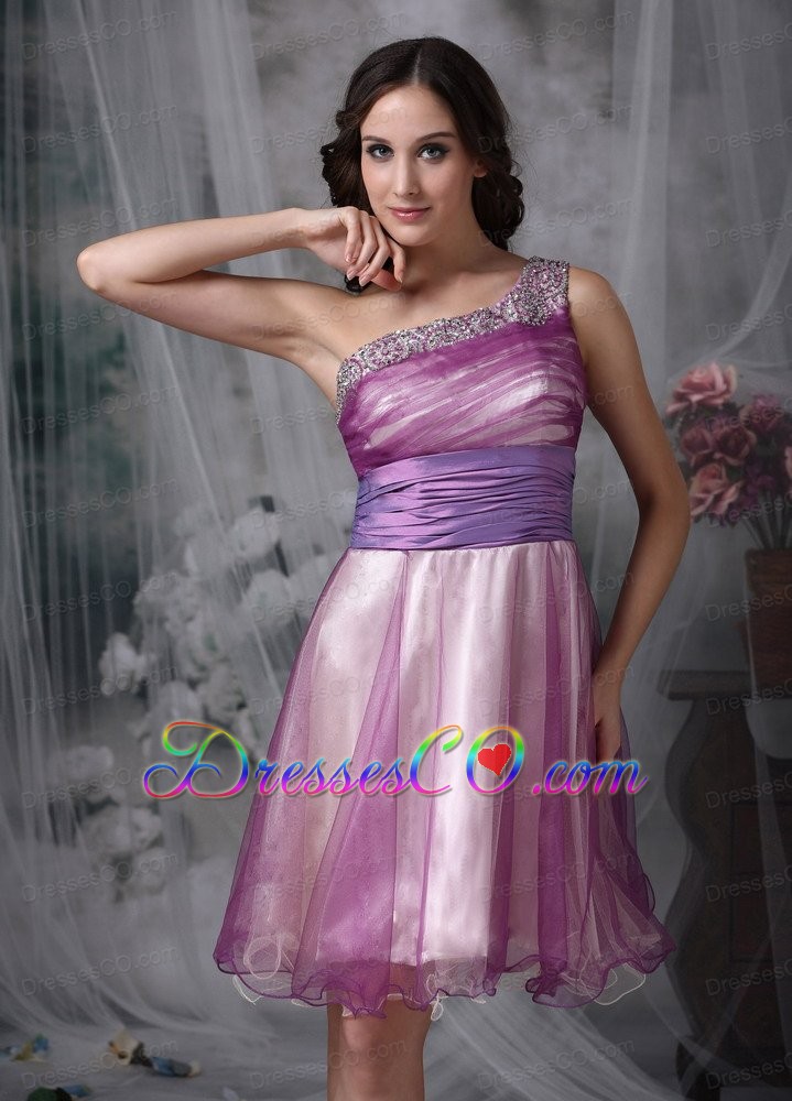 Custom Made Lavender A-line One Shoulder Homecoming Dress Beading Mini-length