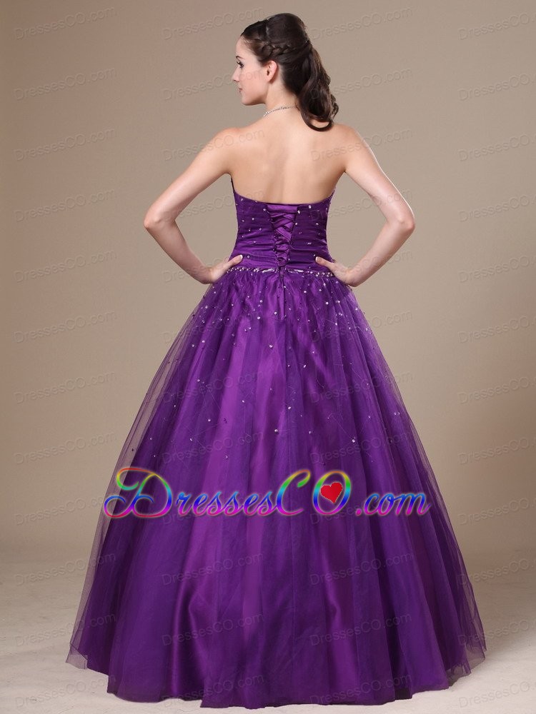Purple A-line Beading Tulle Prom Dress Long