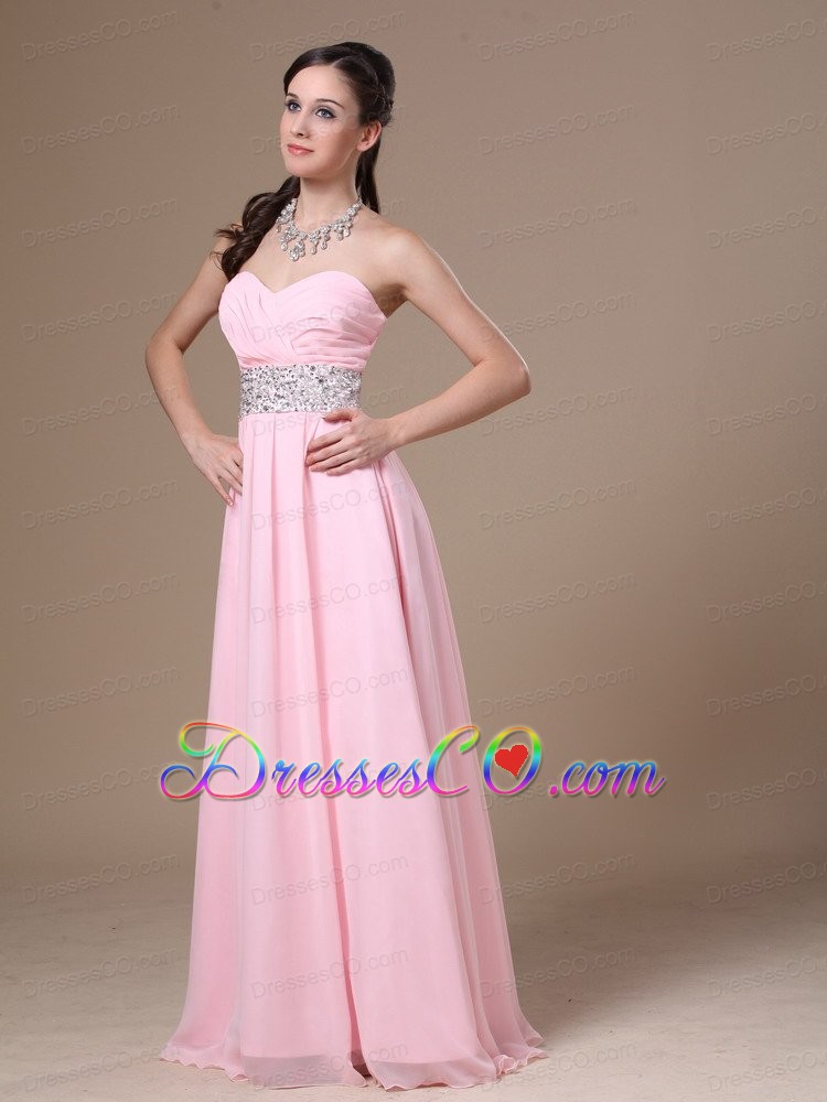 Beaded Decorate Waist Chiffon Pink Empire Prom Dress