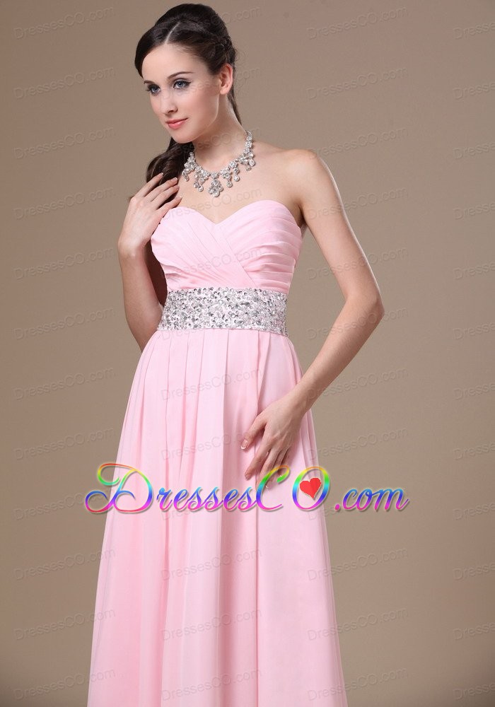 Beaded Decorate Waist Chiffon Pink Empire Prom Dress