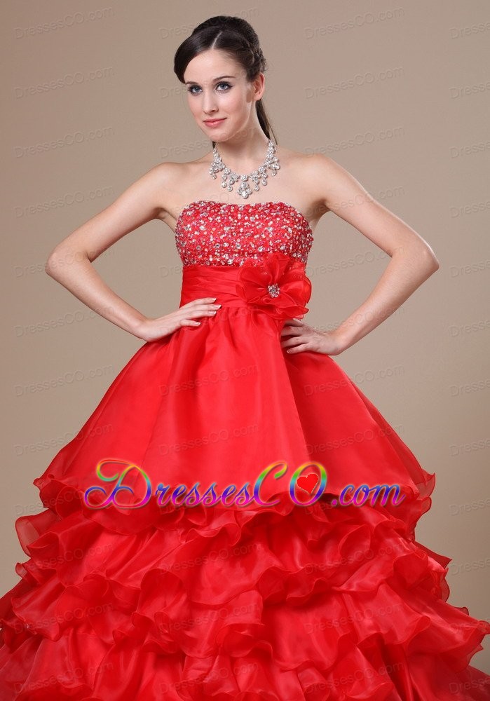 Beaded Decorate Strapless Hand Made Flower Ruffled Layers Red Long Prom / Evening Dress