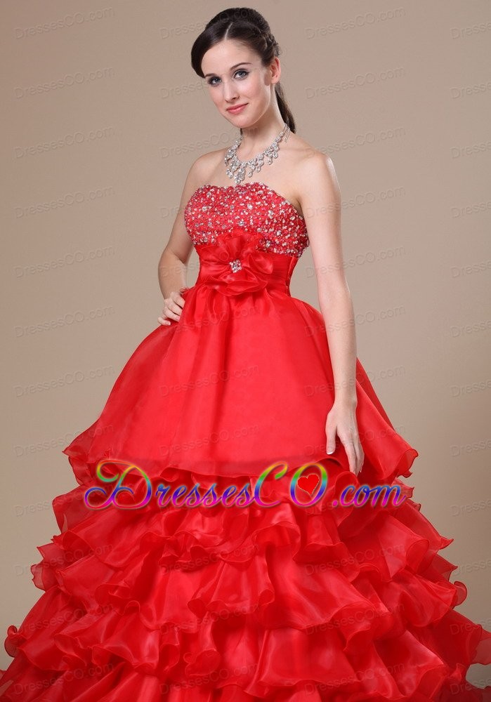 Beaded Decorate Strapless Hand Made Flower Ruffled Layers Red Long Prom / Evening Dress