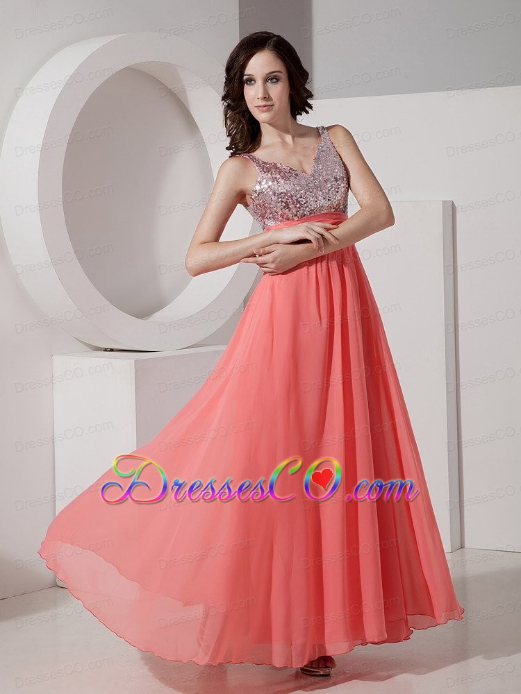 Customer Made Watermelon Empire Straps Prom Dress Chiffon Beading Ankle-length