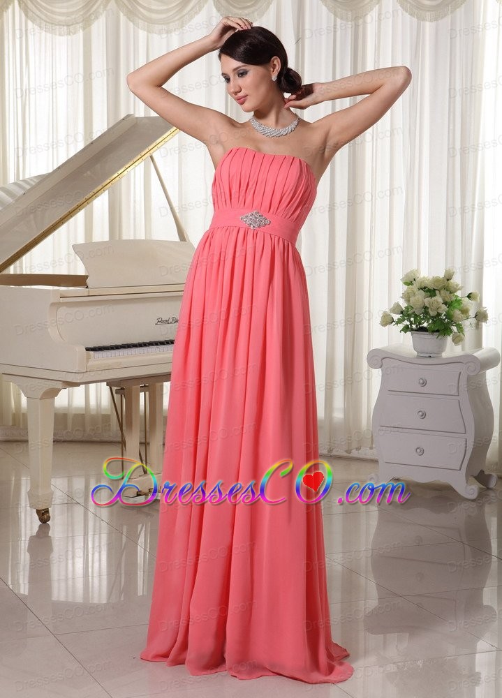 Watermelon Red Empire Chiffon Prom Dress With Beading and Ruching