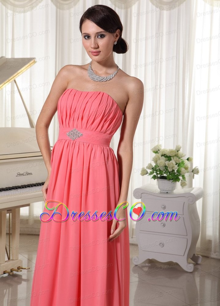 Watermelon Red Empire Chiffon Prom Dress With Beading and Ruching