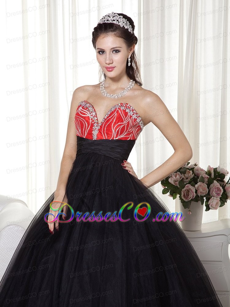 Black And Red A-line Long Tulle And Taffeta Beading Prom Dress
