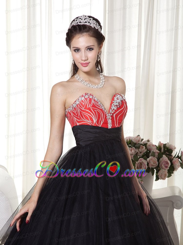 Black And Red A-line Long Tulle And Taffeta Beading Prom Dress