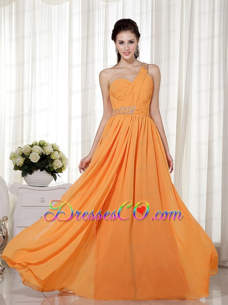 Orange Column / Sheath One Shoulder Long Chiffon Beading Prom Dress