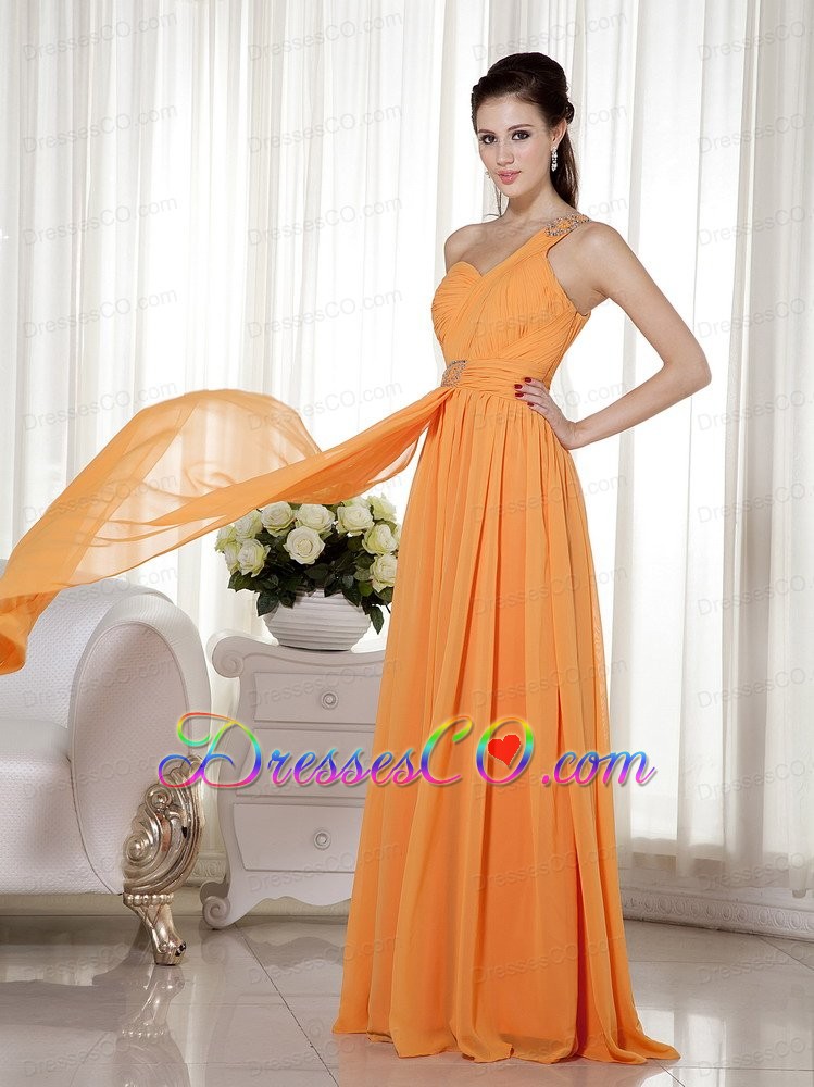 Orange Column / Sheath One Shoulder Long Chiffon Beading Prom Dress