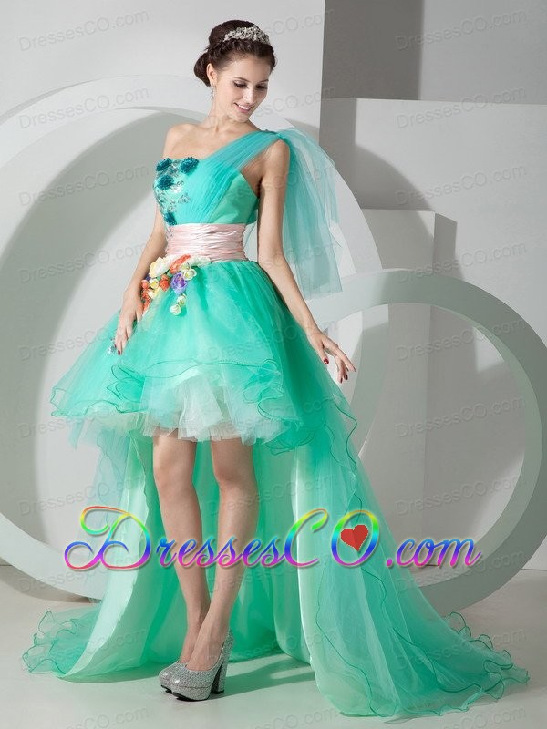 Super Hot Apple Green One Shoulder High-low Princess Prom Dress with Beading and Appliques