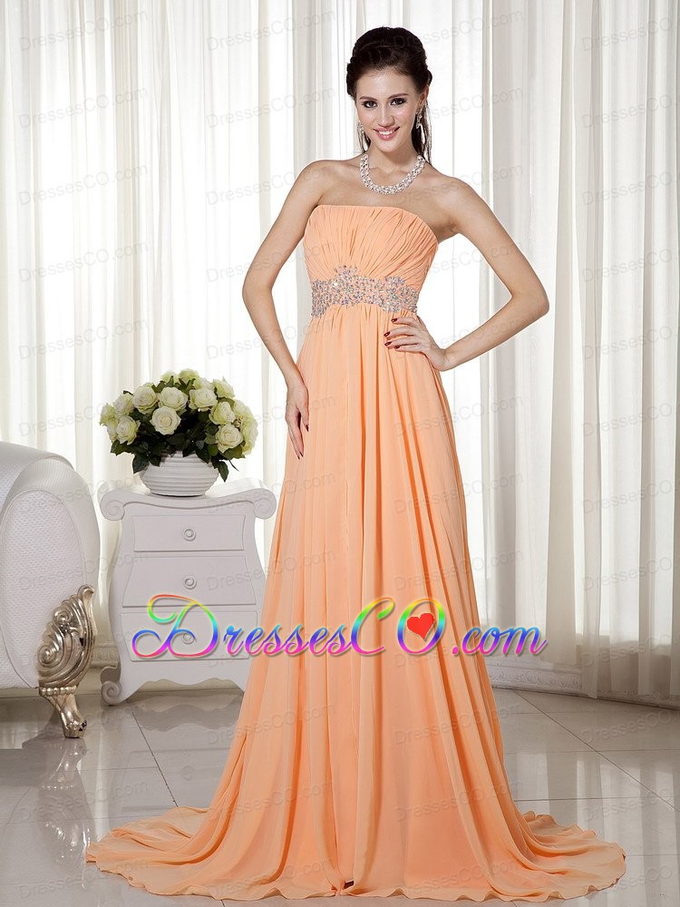 Light Orange Empire Strapless Brush Train Chiffon Beading and Ruched Prom / Celebrity Dress