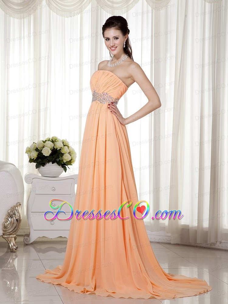 Light Orange Empire Strapless Brush Train Chiffon Beading and Ruched Prom / Celebrity Dress