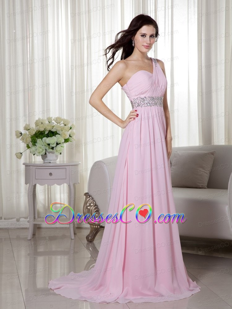 Baby Pink Empire One Shoulder Brush Train Chiffon Beading and Ruching Prom / Celebrity Dress