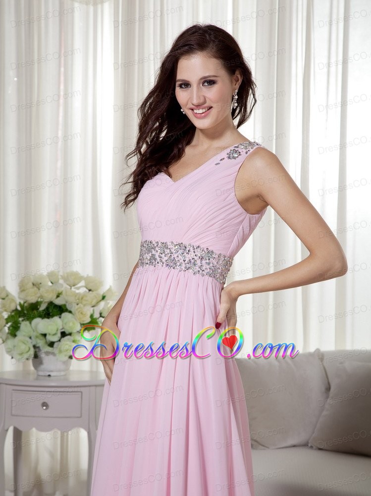 Baby Pink Empire One Shoulder Brush Train Chiffon Beading and Ruching Prom / Celebrity Dress